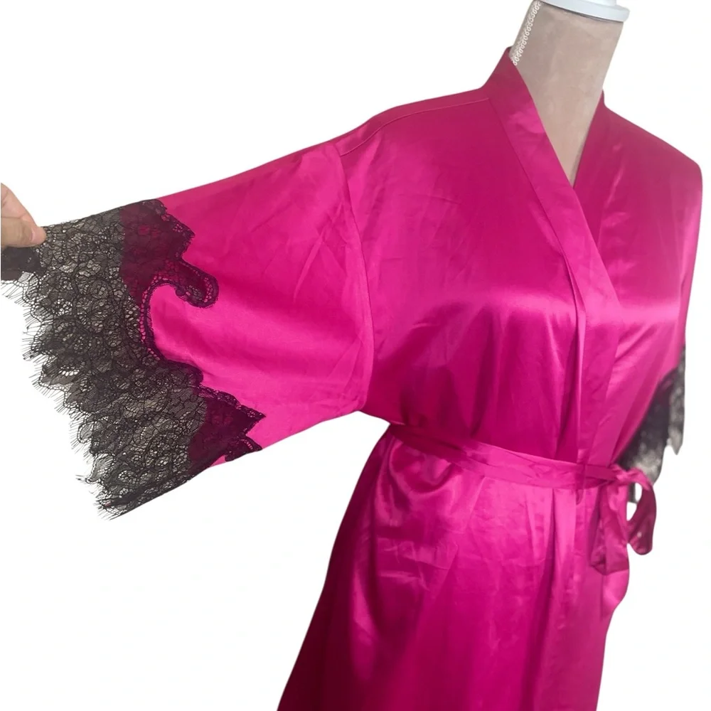 INC International Concepts Satin Robe with Black Lace Detail NWT